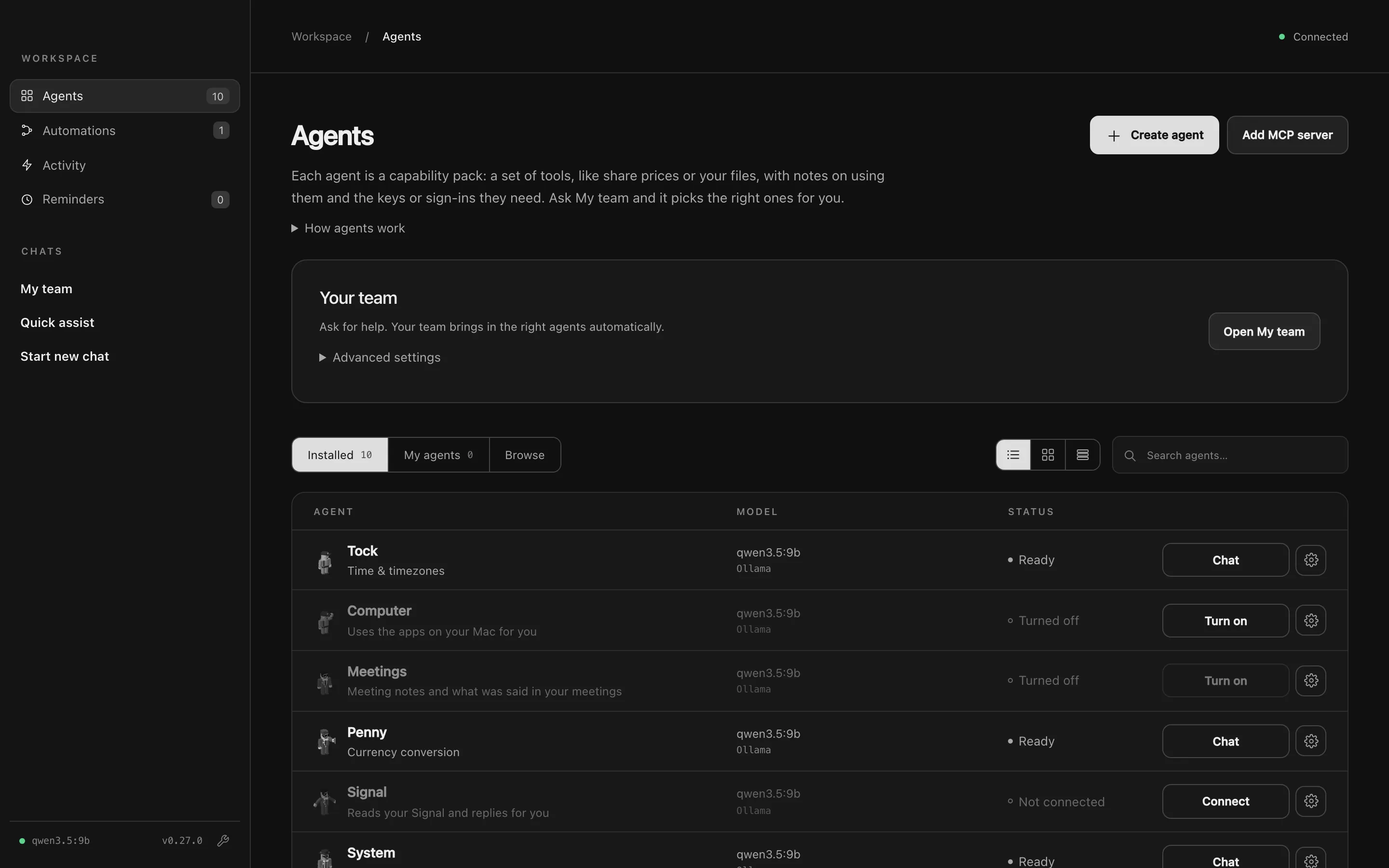 The Agents page as a list, with Tock ready, Computer and Meetings turned off, and Signal not connected