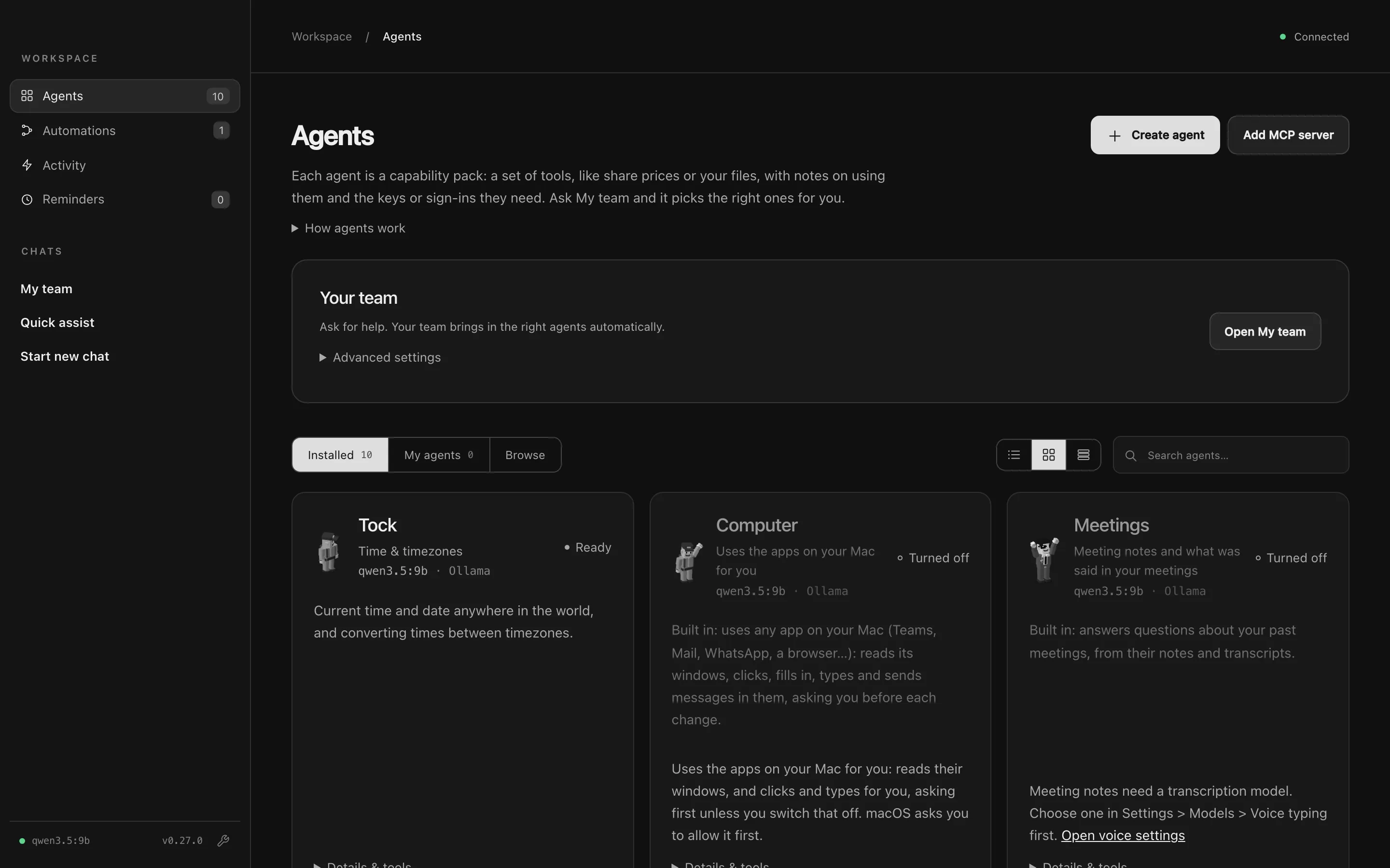 The Agents page in card view, showing Tock, Computer and Meetings