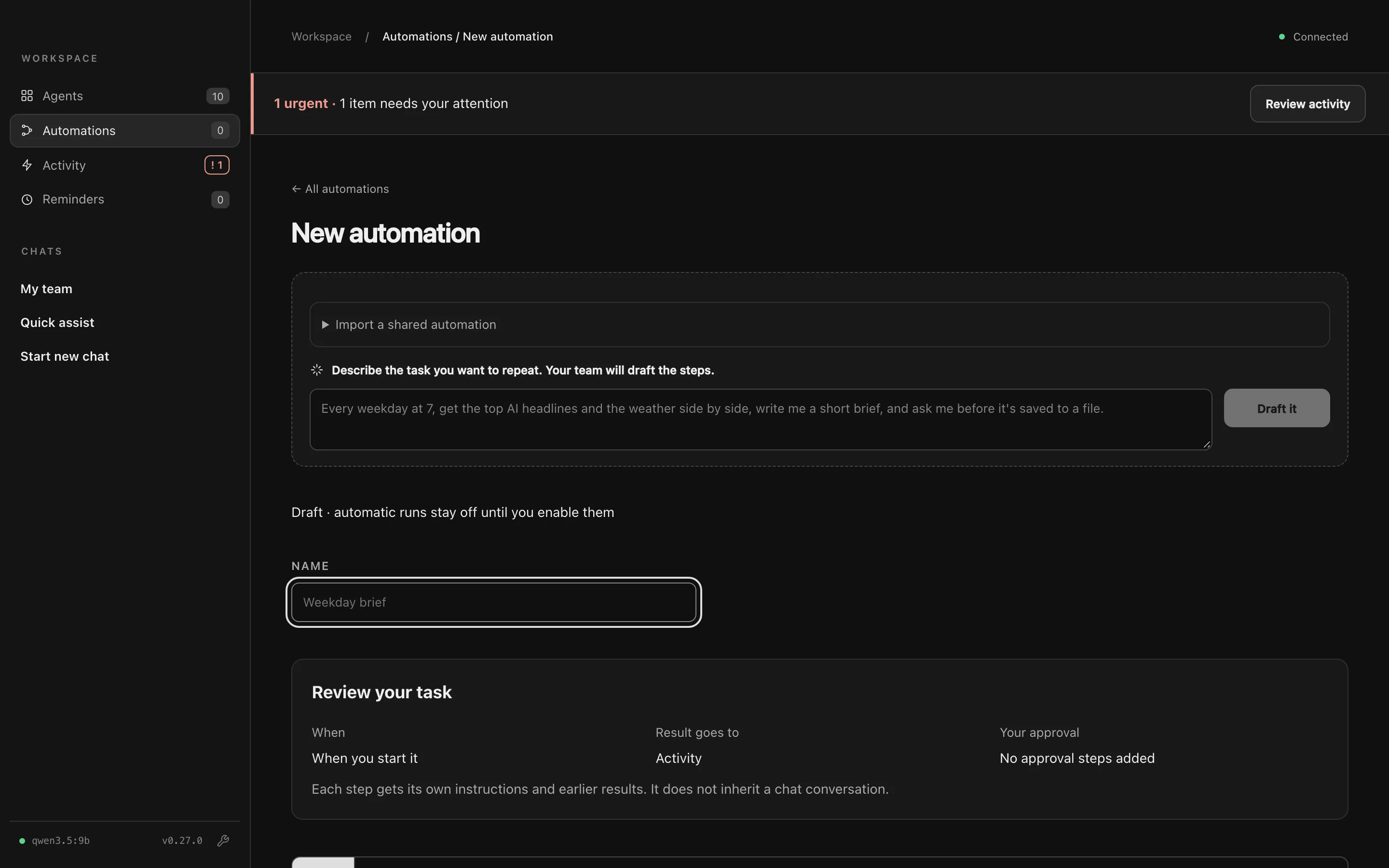 New automation, with Import a shared automation and a box to describe the task