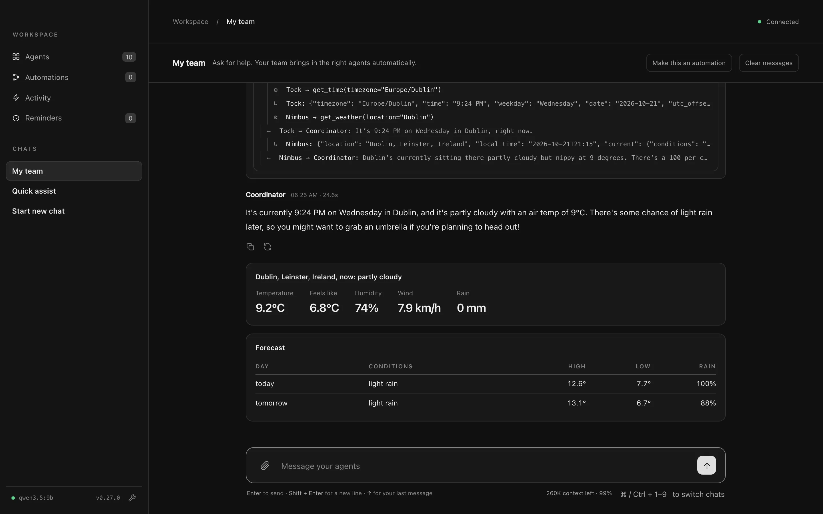 The finished reply, with the agent activity above it and weather stats and a forecast table below