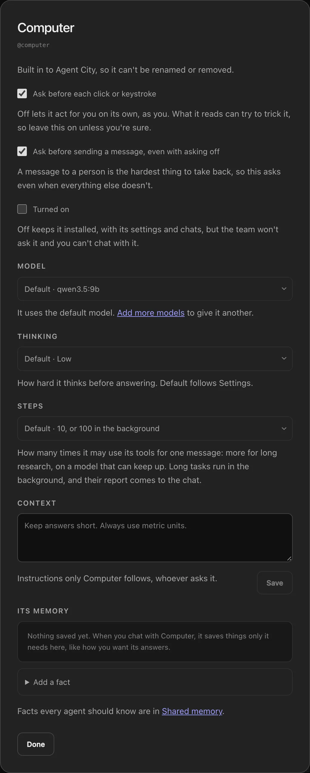 An agent’s settings: switches, Model, Thinking, Steps, Context and Its memory