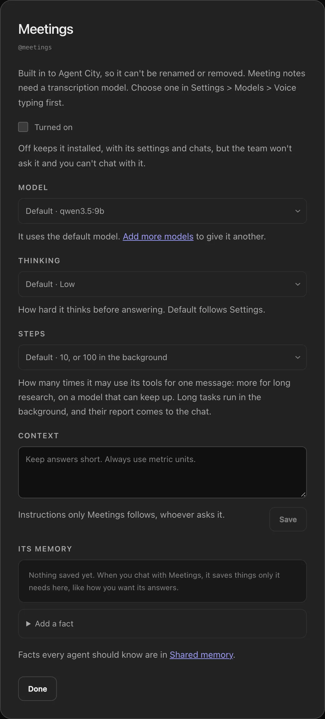 Meetings’ settings: Meeting notes need a transcription model. Choose one in Settings > Models > Voice typing first.