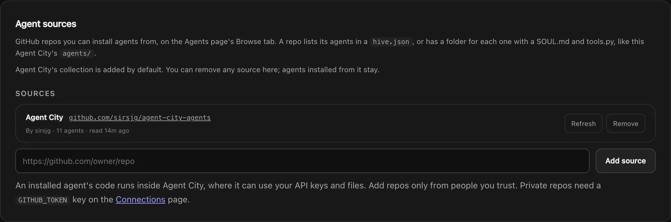 Settings, Agent sources