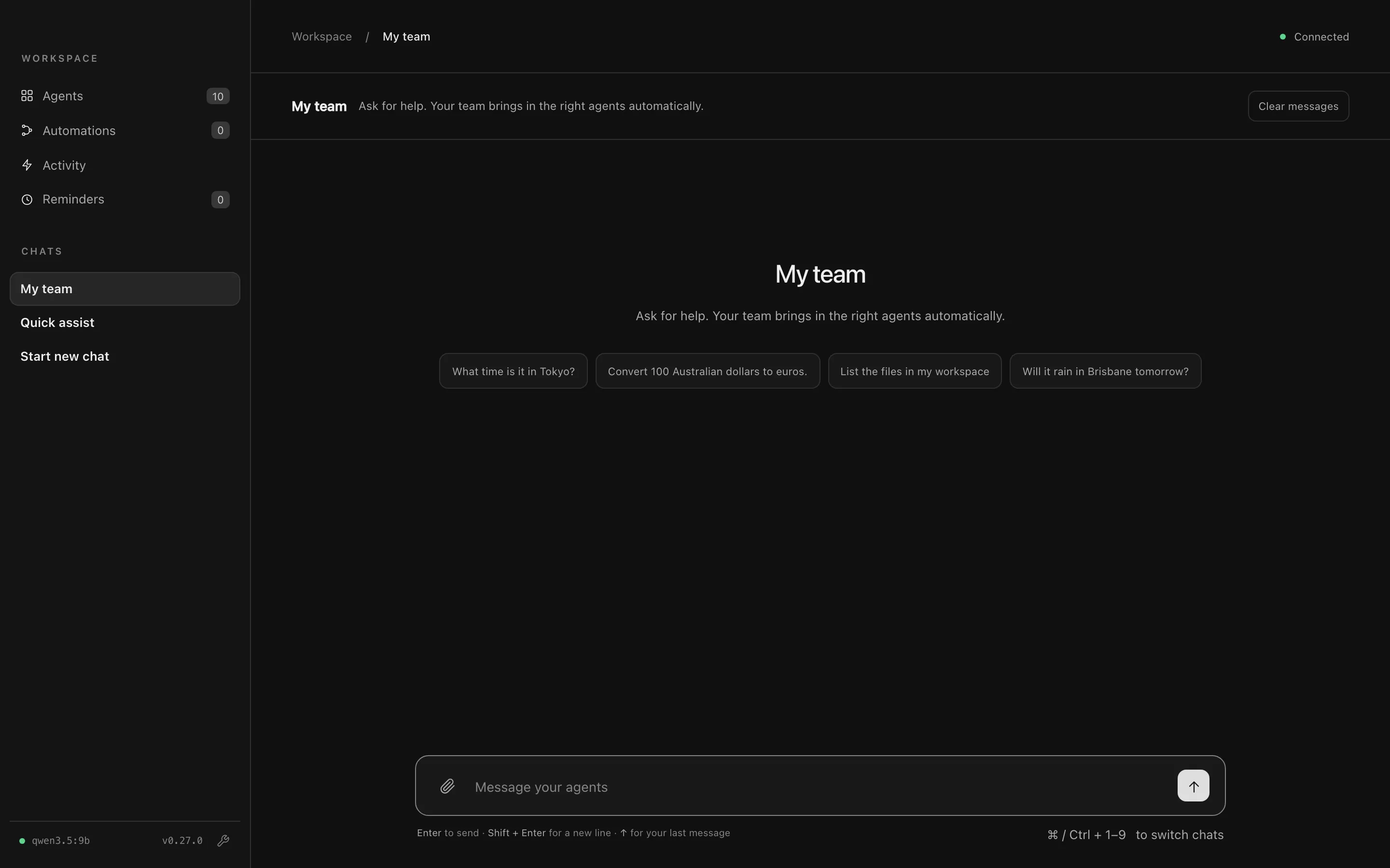The empty My team chat, with suggested questions such as What time is it in Tokyo?