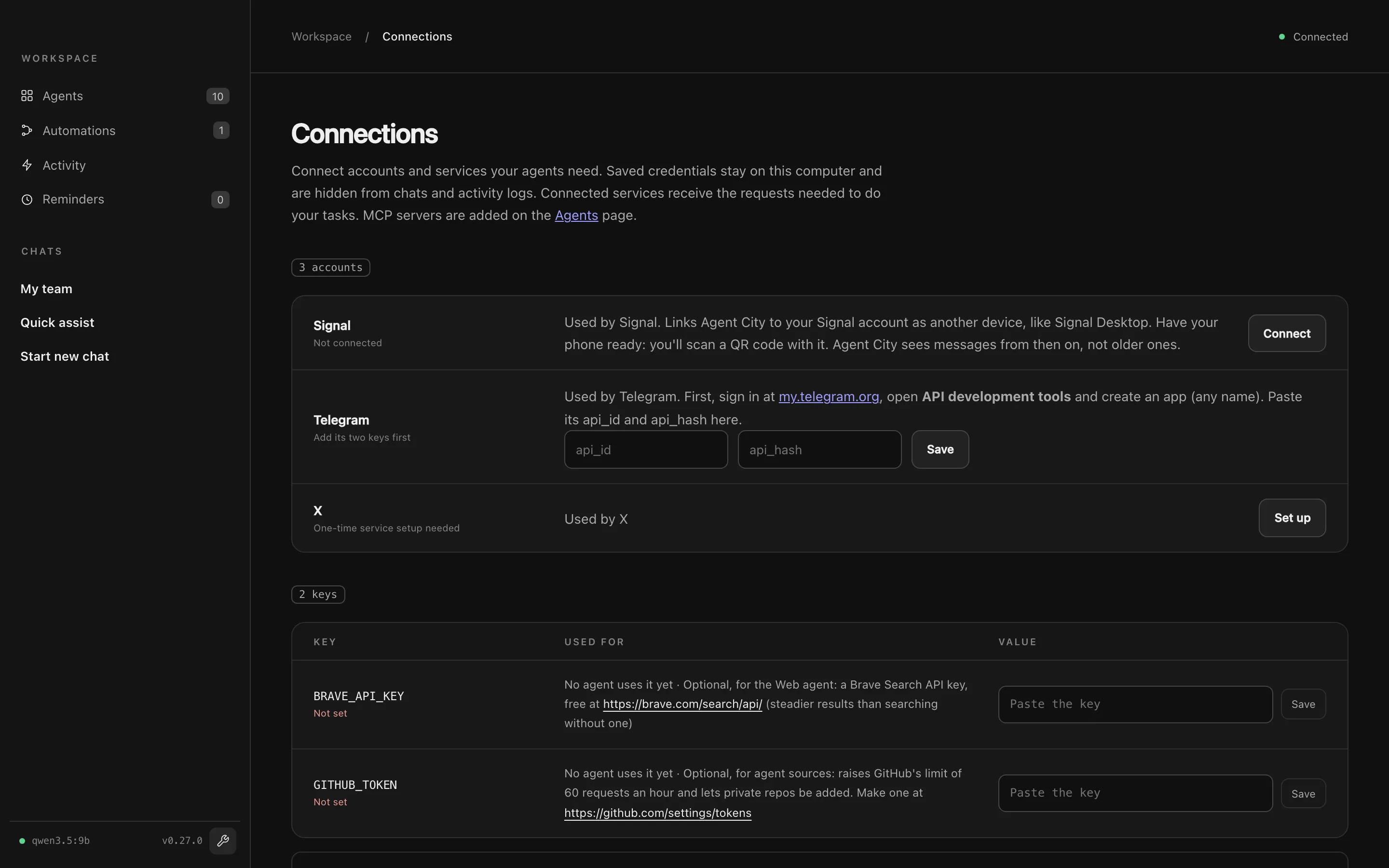 Connections, with Signal, Telegram and X accounts, and BRAVE_API_KEY and GITHUB_TOKEN keys