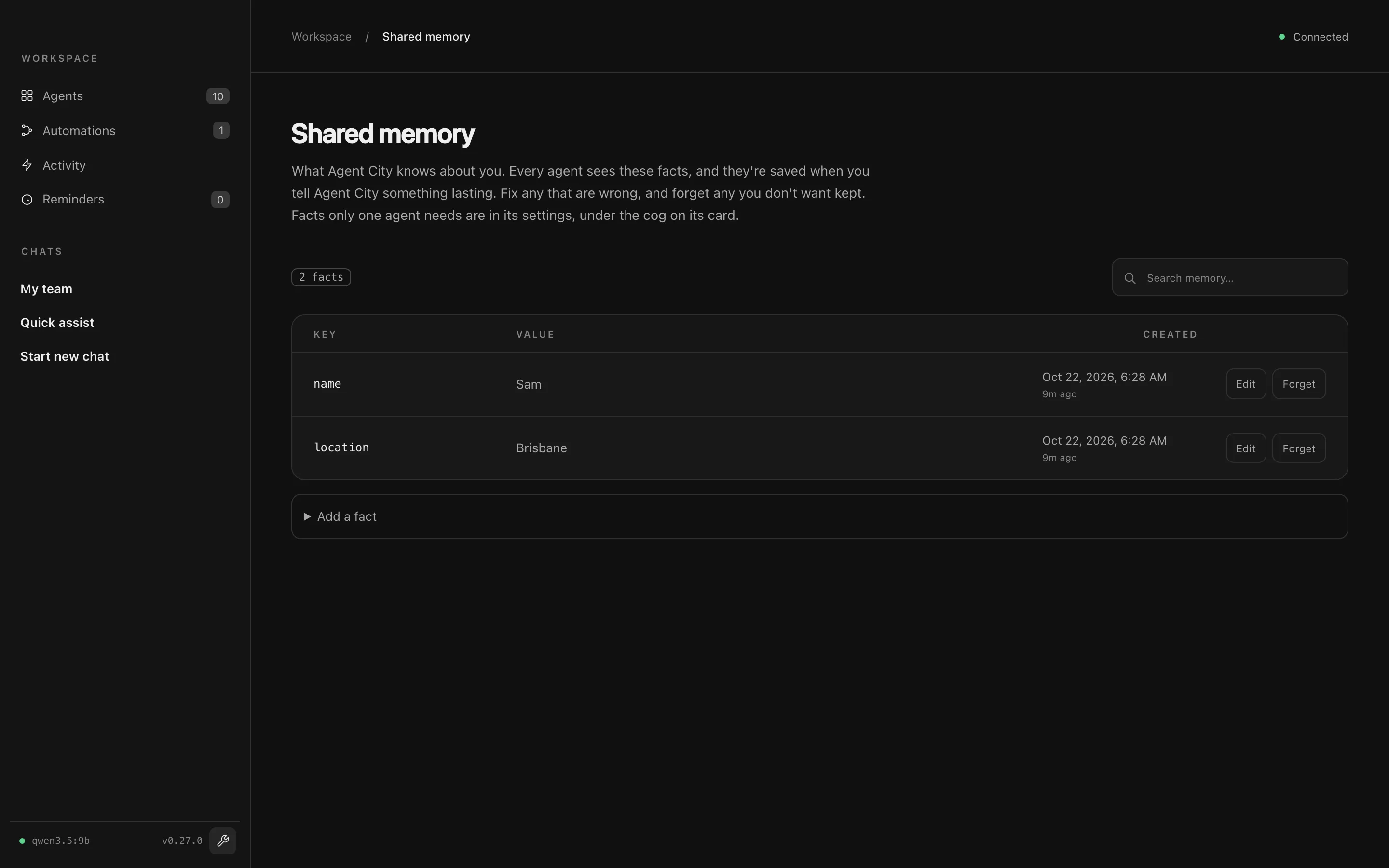 Shared memory, listing name = Sam and location = Brisbane with when each was created