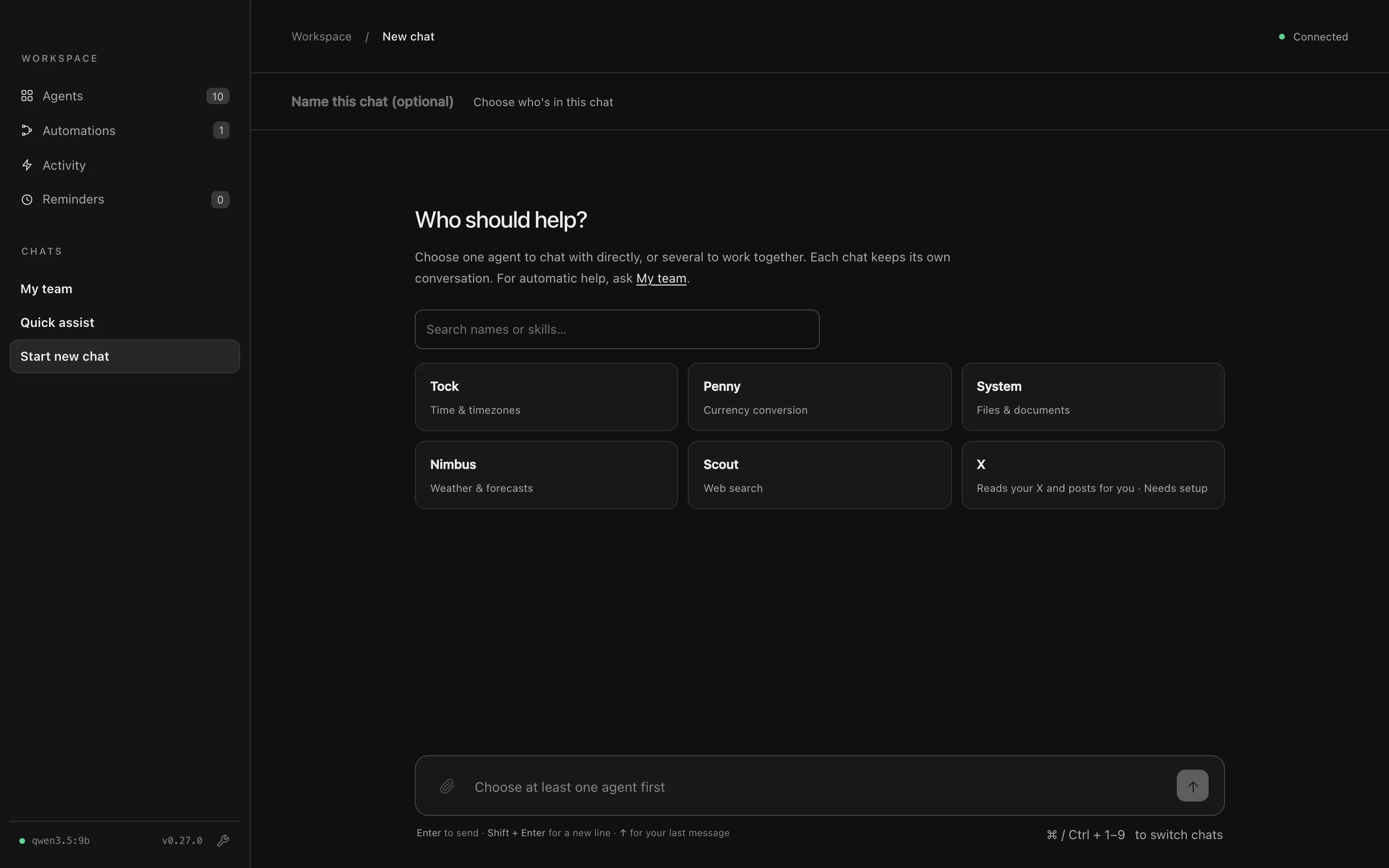 Start new chat, with Who should help? and a grid of agents to choose from
