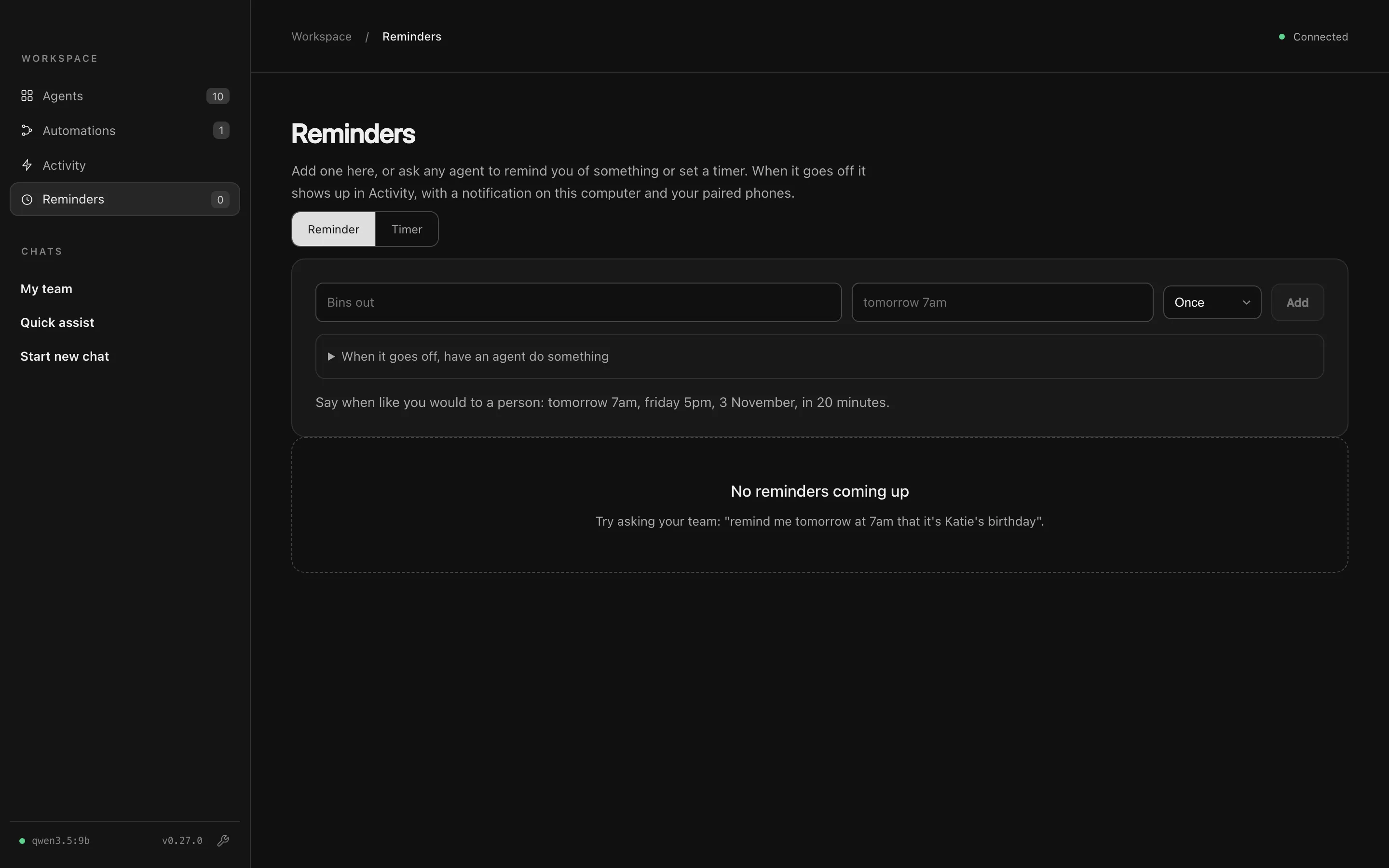 The Reminders page, with a form to add a reminder and the note No reminders coming up