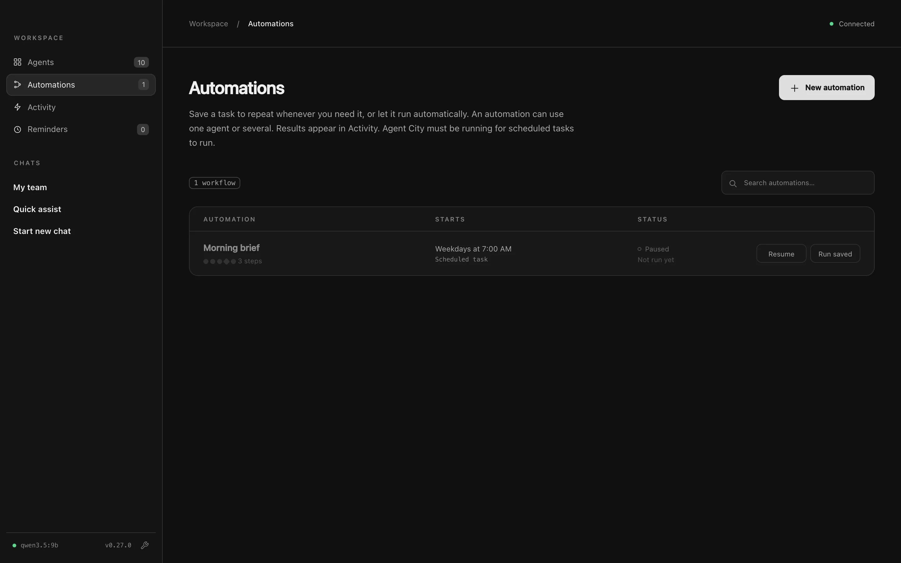 The Automations page, listing a Morning brief that starts on weekdays at 7 AM and is paused