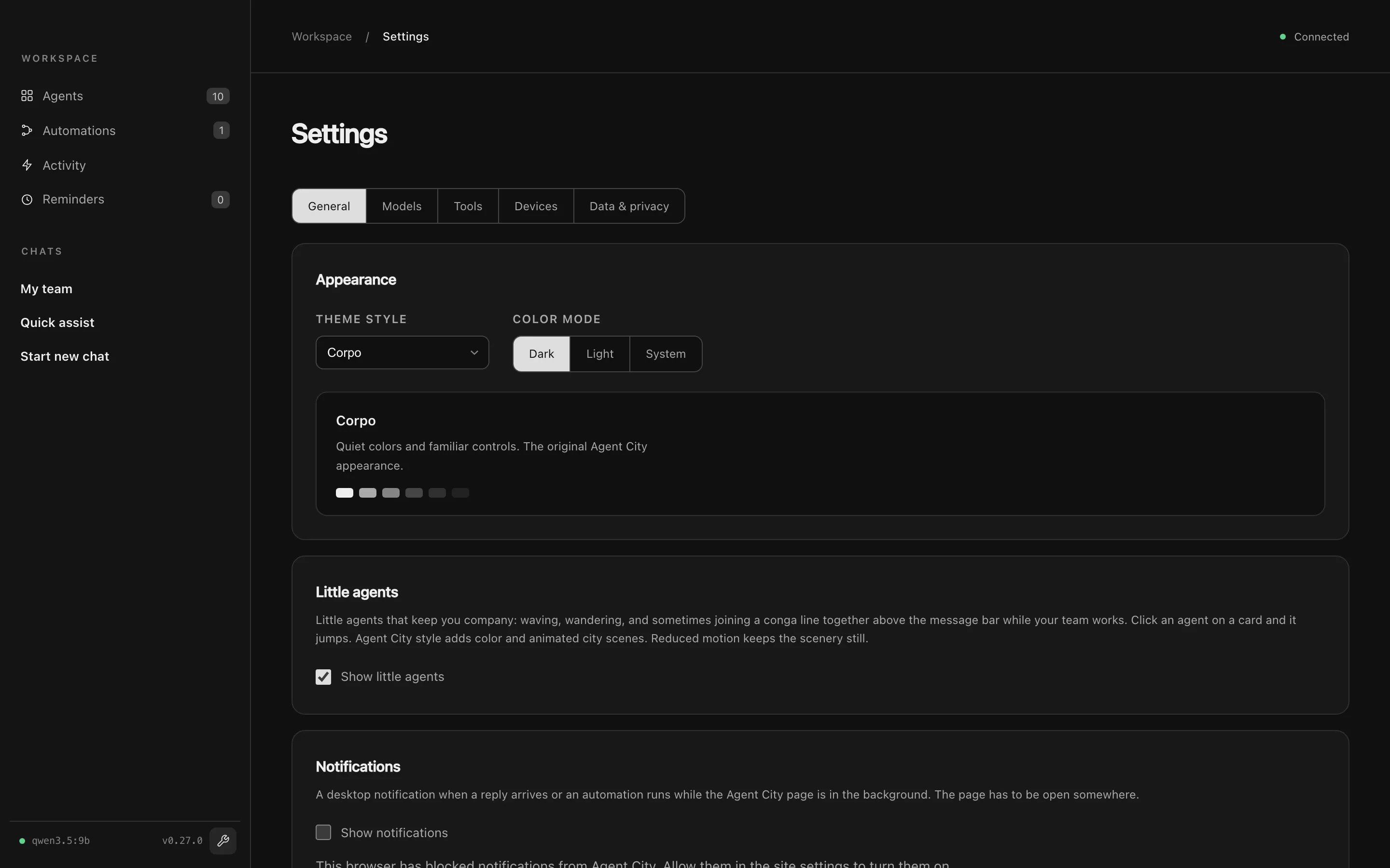 Settings, General tab, with Appearance, Little agents and Notifications