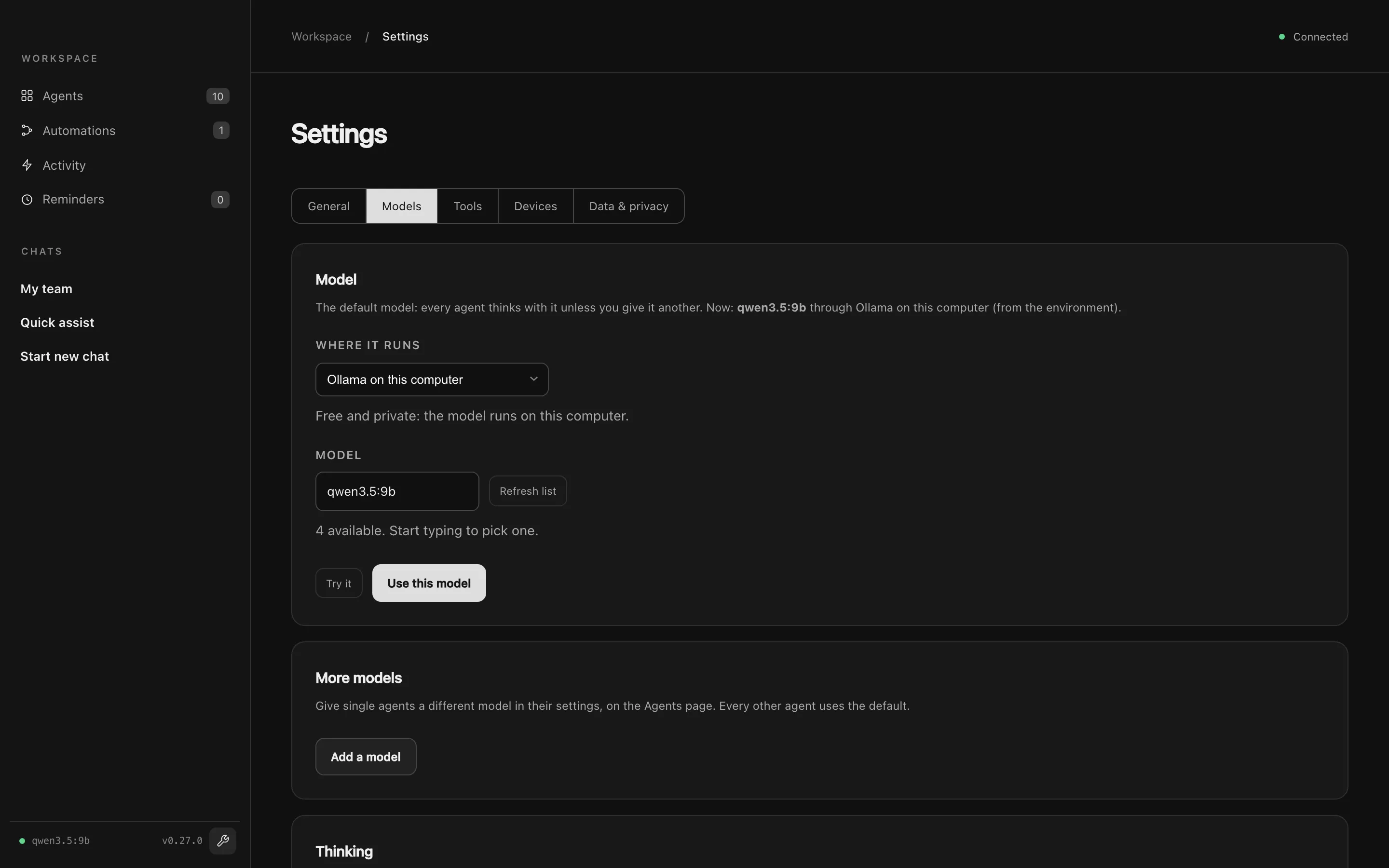Settings, Models tab, with Ollama on this computer chosen and qwen3.5 as the model