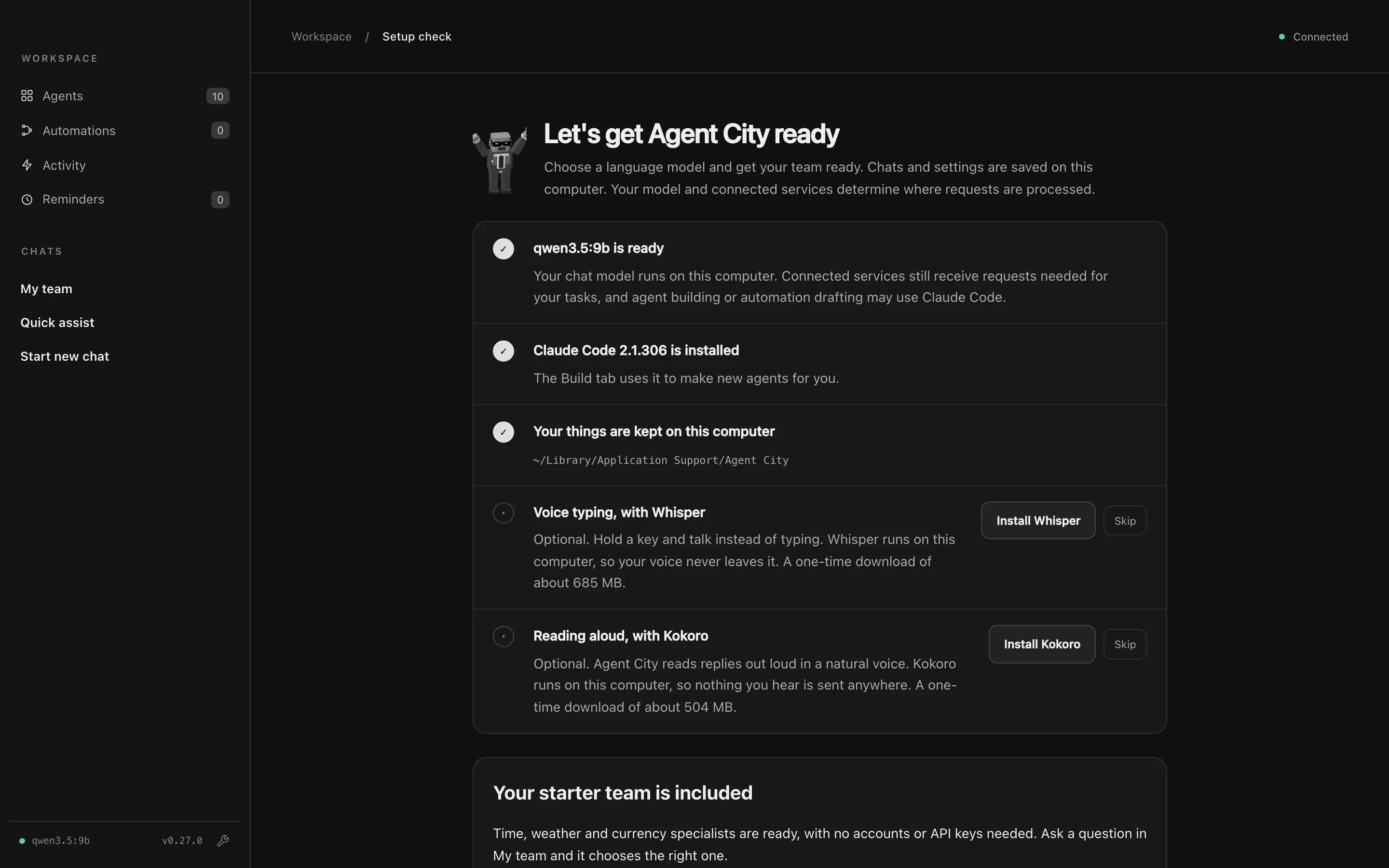 The Setup check page, with the language model, Claude Code and the data folder all ready, and optional Whisper and Kokoro downloads